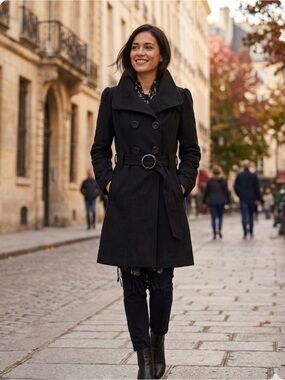 Y2K Guess Women's Black Double-Breasted Belted Trench Coat